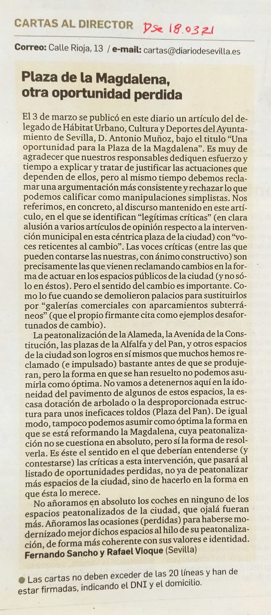 grupomp9's tweet photo. Peatonalización sí, pero coherente con valores e identidad.

Escrito de Fernando Sancho y Rafael Vioque en página 4 de @diariosevilla (18 marzo 2021). https://t.co/XNL4y4Xyx6