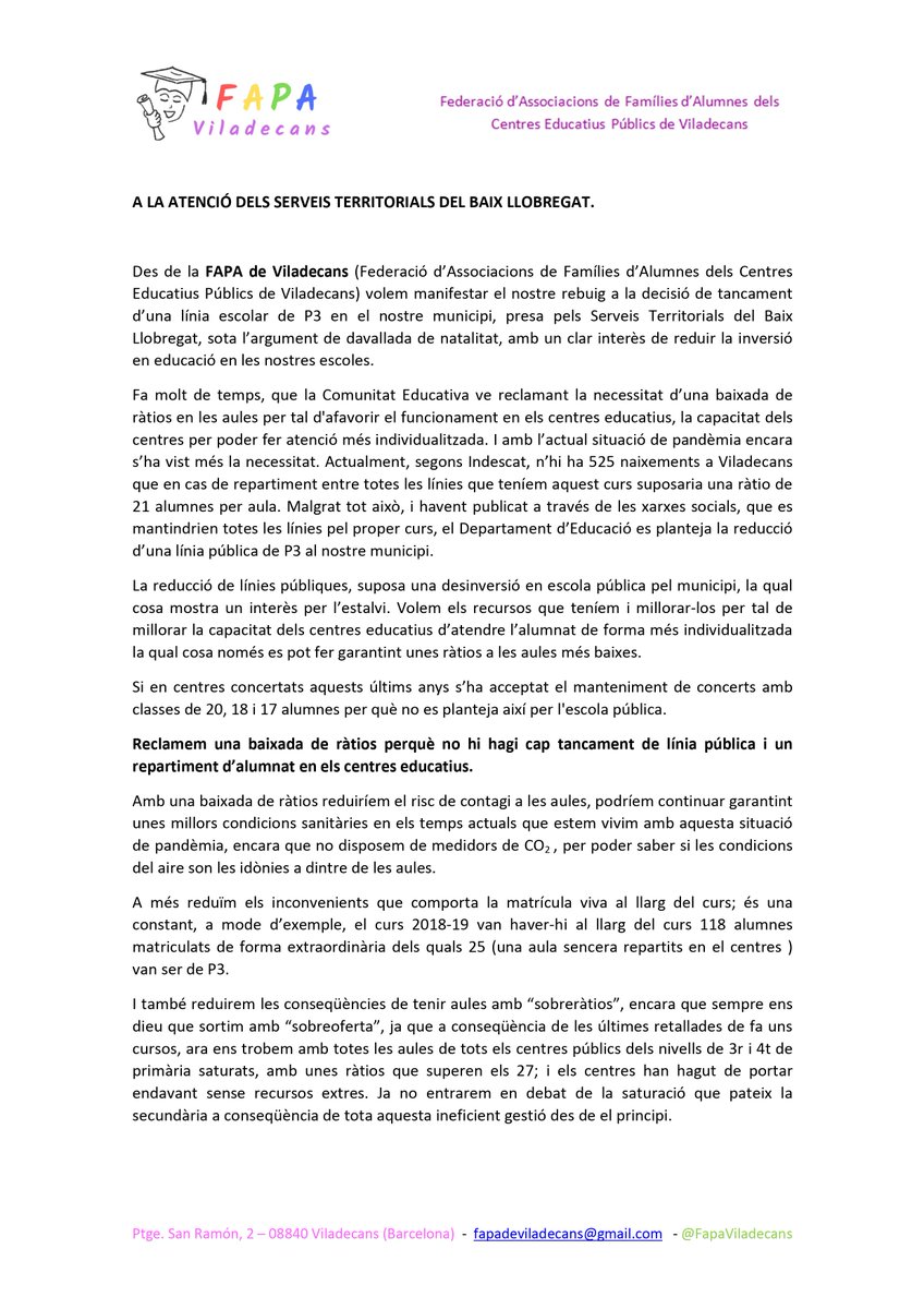 FapaViladecans's tweet photo. #SOSbaixadaratioViladecans Hem d'aturar el tancament d'una línia de P3. Decisió contraproduent per mantenir la qualitat educativa i sobretot per garantir la salut amb la situació de pandèmia actual.@educaciocat @JosepBargallo @carlosruiztwitt @giselfust @USTECSTEs @CGTEnsenyament https://t.co/C7ypZ4bX5U