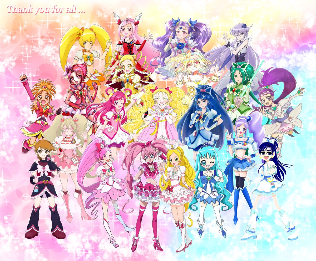 cure black ,cure blossom ,cure marine ,cure moonlight ,cure peach ,cure sunshine ,cure white ,hanasaki tsubomi ,higashi setsuna ,kurumi erika ,minamino kanade ,misumi nagisa ,momozono love ,myoudouin itsuki ,tsukikage yuri ,yukishiro honoka ,yumehara nozomi heart brooch brooch multiple girls butterfly brooch pink bow 6+girls knee boots  illustration images