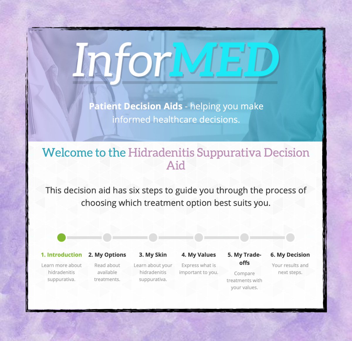 Hey #HSHeroes 

If you're someone living with #HidradenitisSuppurativa here is an excellent tool to help you make informed decision about your treatment. 

informed-decisions.org

#ChronicIllness #Dermatology #Skin #DecisionAid #Treatment #Informed #Education #Information