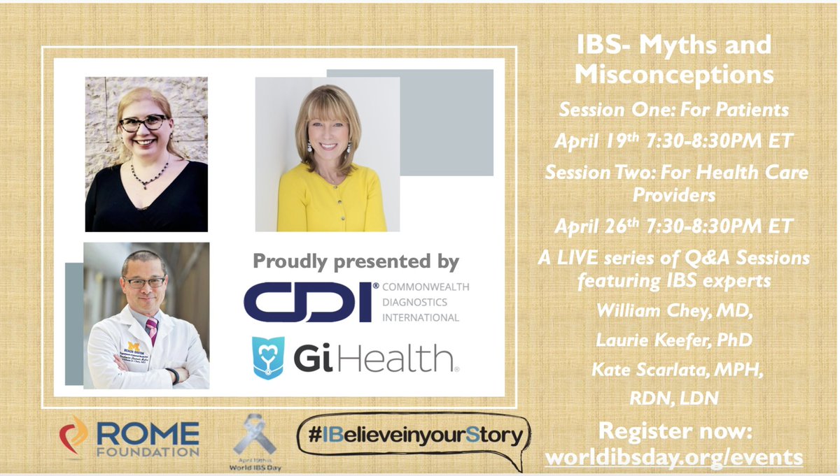 An amazing lineup of clinicians for two, FREE LIVE webinars in April w/@KateScarlata_RD @umfoodoc & @drlauriekeefer April 19th & April 26th Special thanks to @CommonwealthDX for their support! Register now! https://t.co/tkQYYNHLFb @RomeFoundation @RomeGastroPsych @WorldIBSDay https://t.co/2ys0kDOlRh