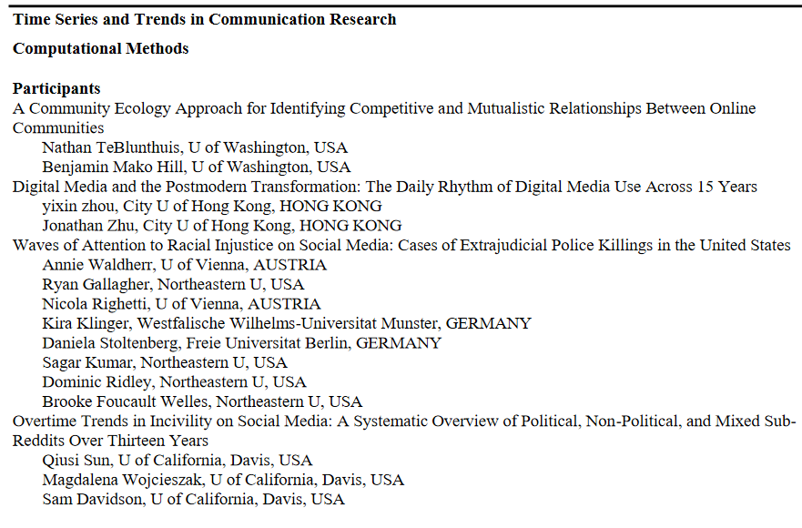 ica_cm's tweet photo. 📢the *draft* #ica21 program for #ComputationalCommunication researchers!
For those who are interested in time series, network analysis, and machine learning! https://t.co/cj7f5MUXwx