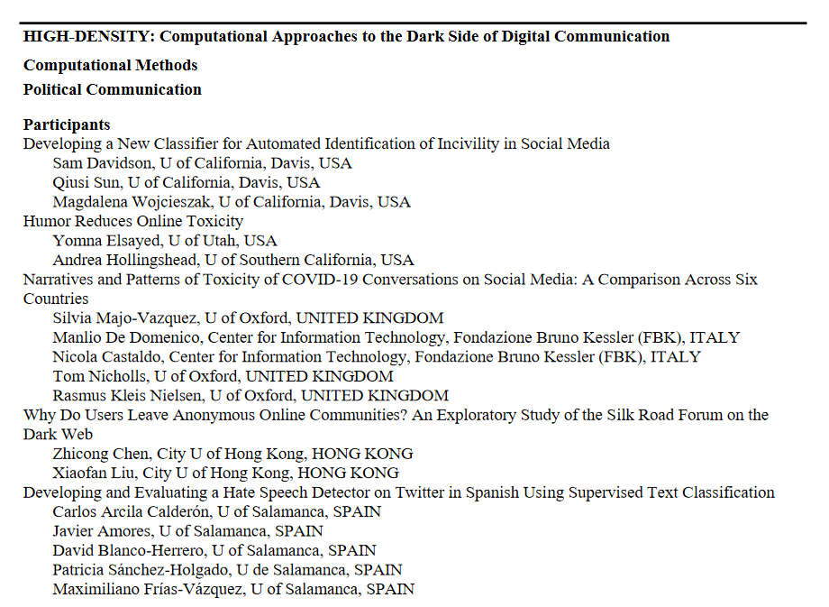 ica_cm's tweet photo. the *draft* #ica21 program for #ComputationalCommunication researchers!
🕶️The Dark Sides of Digital Communication 🕶️
Did we miss anything? @ us to add more! https://t.co/aJOV1vDxy7