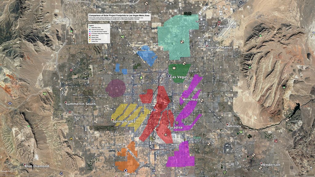 Each colored shape represents the footprint of solar projects already-built, or pending construction on desert habitat in southern Nevada.  This city could host thousands of MW of #solar on rooftops and over parking lots with the right policies.  But instead we pave the desert.