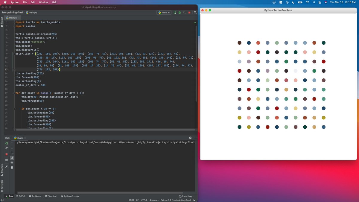 #100DaysOfCode | R3D90 | Time: 2hr 8min

<a href="/udemy/">Udemy</a> course - The Complete #Python Pro Bootcamp in 2021.

☑️ Section 18 - Turtle and the Graphical User Interface (GUI).