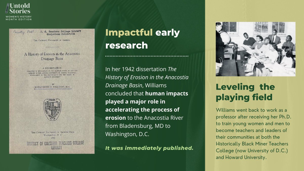 WarnerCollege's tweet photo. WCNR #UntoldStories: Marguerite Williams was a pioneer American geologist and the first black person to be awarded a PhD in geology in the U.S. In 1942, she became a professor at Miner Teachers College. #WomensHistoryMonth #STEMlegends #WomenInSTEM https://t.co/hdxWxs0bb1