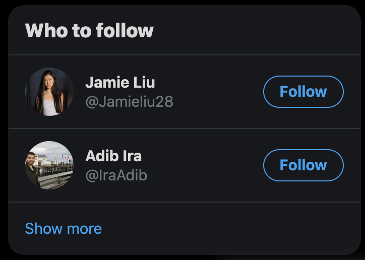 alexdevkar's tweet image. Data science is hard.

Twitter&apos;s top suggestions for me are accounts with 4 and 10 followers. One hasn&apos;t tweeted in 5 years; the other has a single retweet as its history. Neither are followed by anyone I follow.

Back to the drawing board on whatever model is powering this.