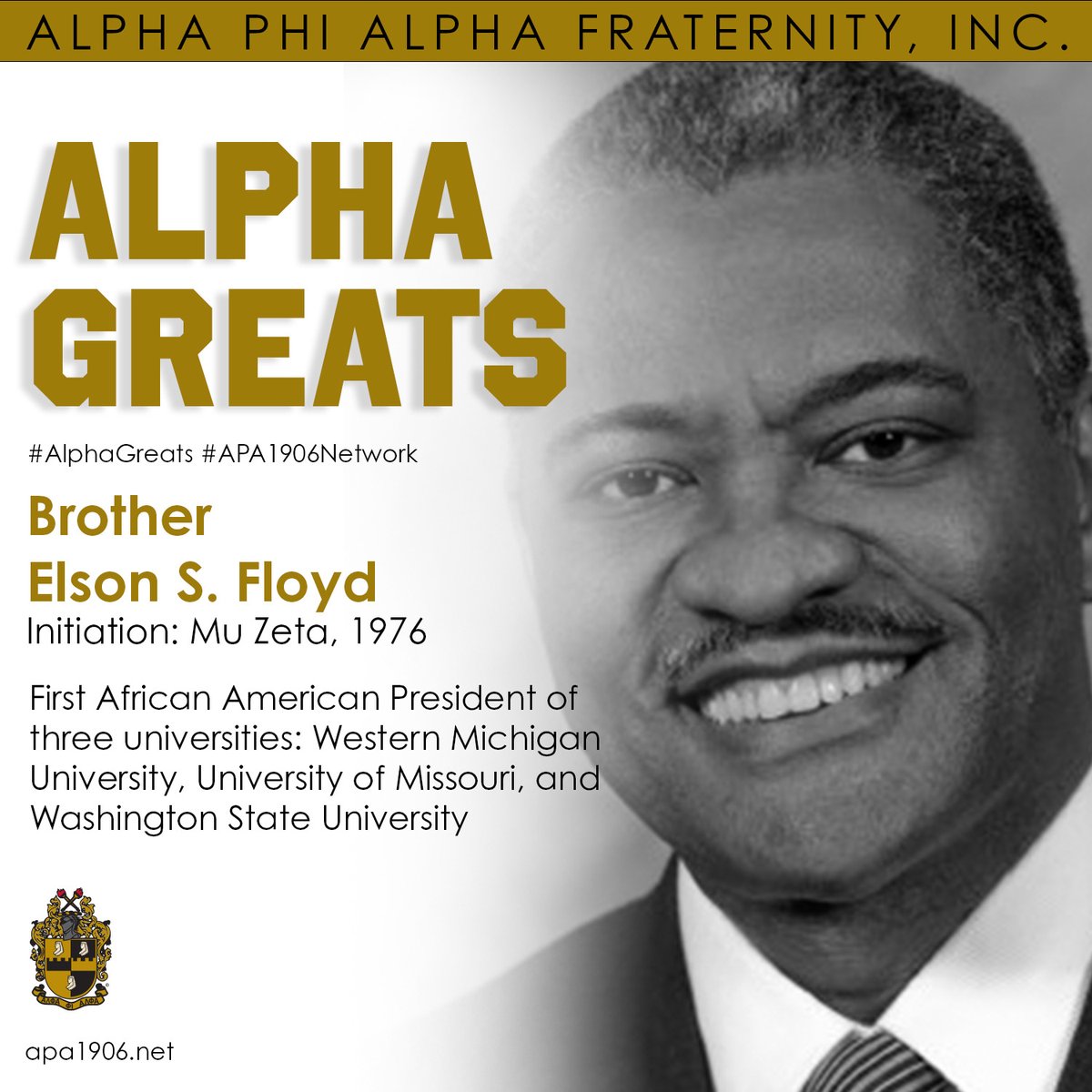 apa1906NETwork's tweet photo. Brother Elson S. Floyd was the first African American to be named president of Washington State University. He also served as president of the University of Missouri System and president of Western Michigan University. 
 
#AlphaPhiAlpha #APA1906Network #ForThe7Jewels https://t.co/9GbodtZNTU