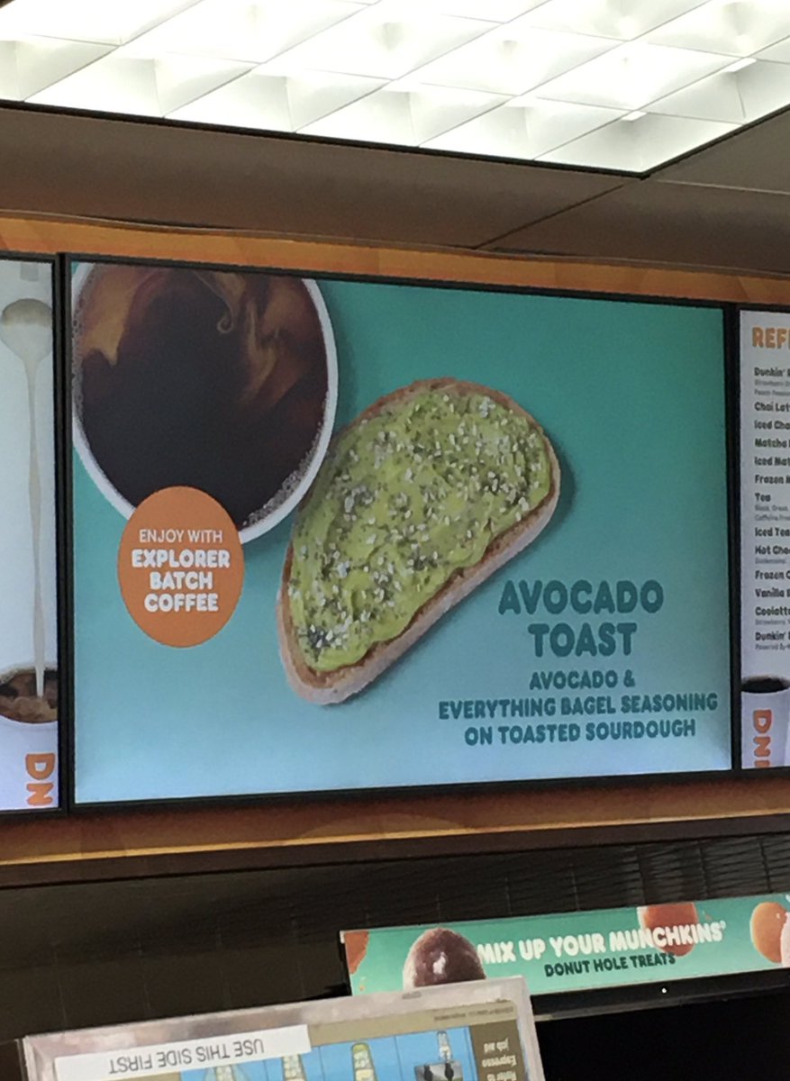 MsDeniseNguyen's tweet photo. First there was matcha lattes and oat milk. Now there’s avocado toast on sourdough, cold brew, marketing text like “explorer batch”...@dunkindonuts is officially #hipster. https://t.co/JxozNOXg6N