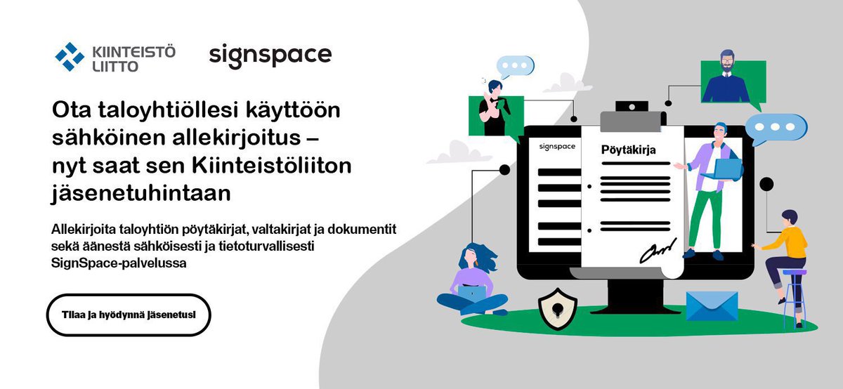 Kiinteistoala's tweet image. Sähköiset allekirjoitukset &amp;amp; etä-äänestykset luotettavasti SignSpace-palvelulla edulliseen Kiinteistöliiton jäsenetuhintaan #taloyhtiö’ille  ja #vuokratalo’ille 👍 Tutustu palveluun &amp;amp; ota #SignSpace-palvelu käyttöön osoitteessa 👇

signspace.com/kiinteistoliit…
