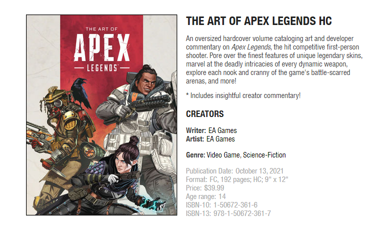 shrugtal's tweet photo. Dark Horse Comics is also releasing an artbook for Apex Legends, described as "an oversized hardcover volume cataloging art and developer commentary on Apex Legends."

Release date: October 13, 2021
Price: $39.99. https://t.co/FGphSbtyuh
