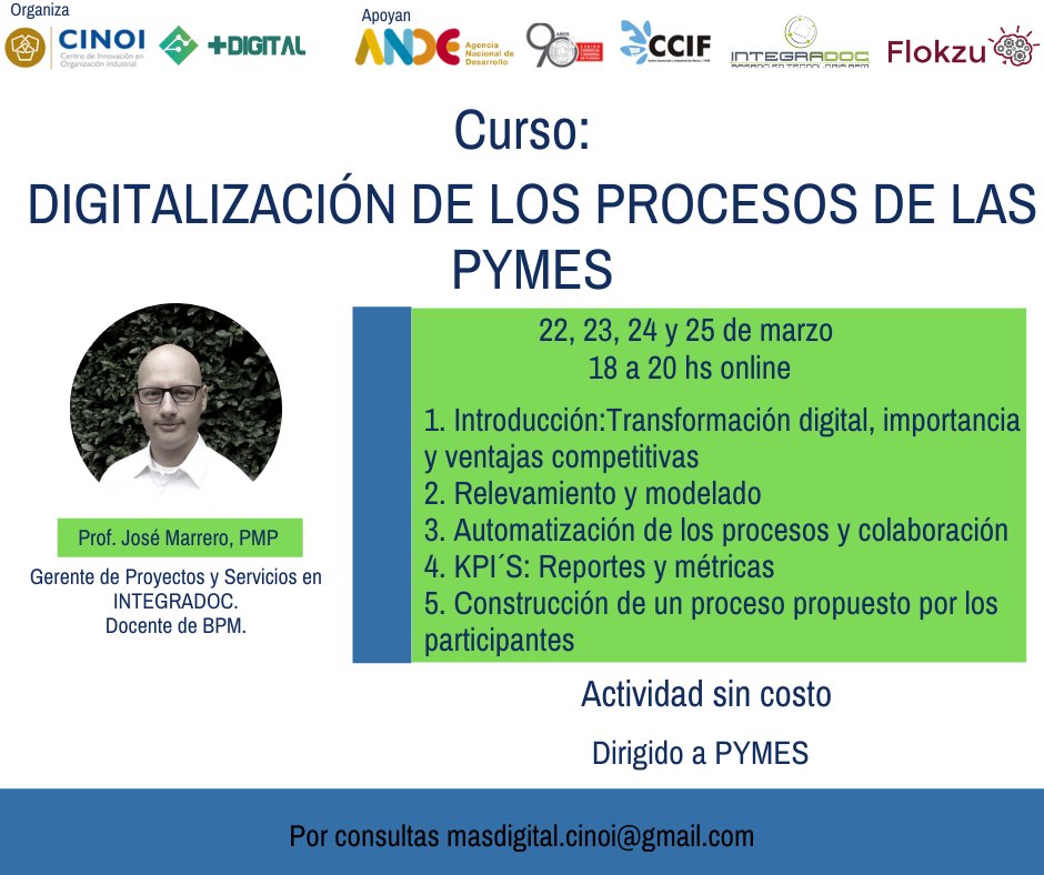 ¡Compartimos con ustedes una gran noticia! 🎉 José Marrero, nuestro Gerente de Proyectos y Servicios estará brindando un curso sobre “Digitalización de los procesos de las PYMES”. El curso está dirigido especialmente a #PYMES. ¡No te pierdas esta oportunidad!

@UM @CINOI_UM