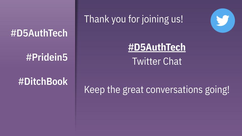 AplinEDU's tweet photo. Thank you for joining us tonight!
#D5AuthTech #DitchBook #PrideIn5
Keep the great conversations going! https://t.co/KVc3F8bMEc