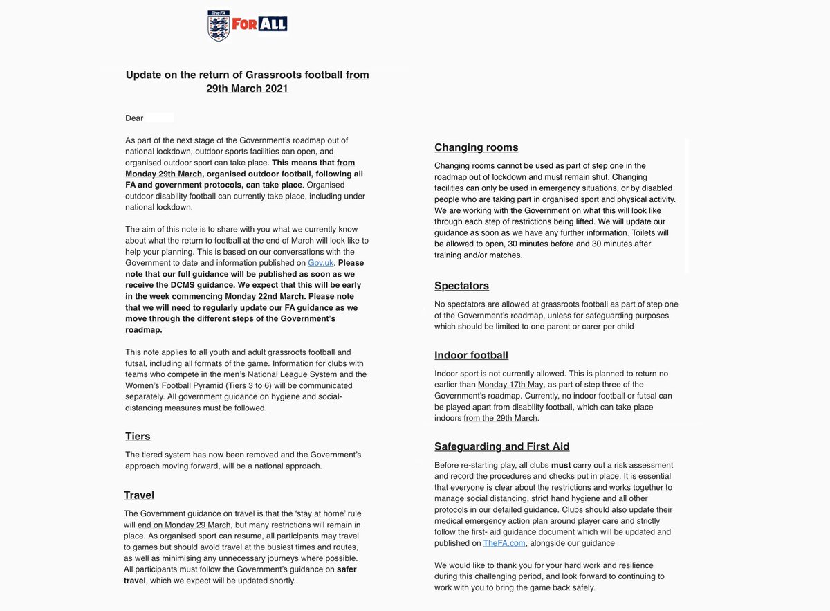 The latest grassroots guidance from the FA.⬇️

This guidance applies to all youth &amp; adult grassroots football &amp; futsal.

It doesn’t necessarily apply to men’s Step 3-6 &amp; women’s Tier 3-6 (however the FA has already said fans aren’t expected to be allowed at that level).