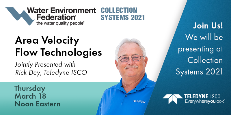 TeledyneIsco's tweet photo. Are you virtually attending Collection Systems 2021? Join us as Rick Dey discusses Area Velocity Flow Technologies in a joint presentation.
#wefcollections #waterwastewater #flowtechnologies https://t.co/zNZwue0Sa3