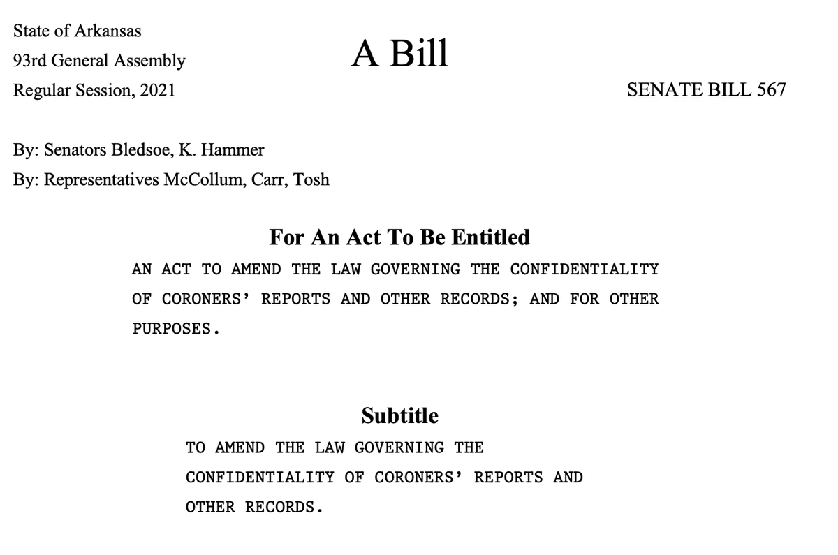 For the last three years, <a href="/GinnyMonk/">Ginny Monk</a> has used coroners' reports to expose how Arkansas' children are dying in disproportionately high numbers by suicide, abuse and gun violence. 

#arleg response to this problem? Allow coroners to keep their records secret.