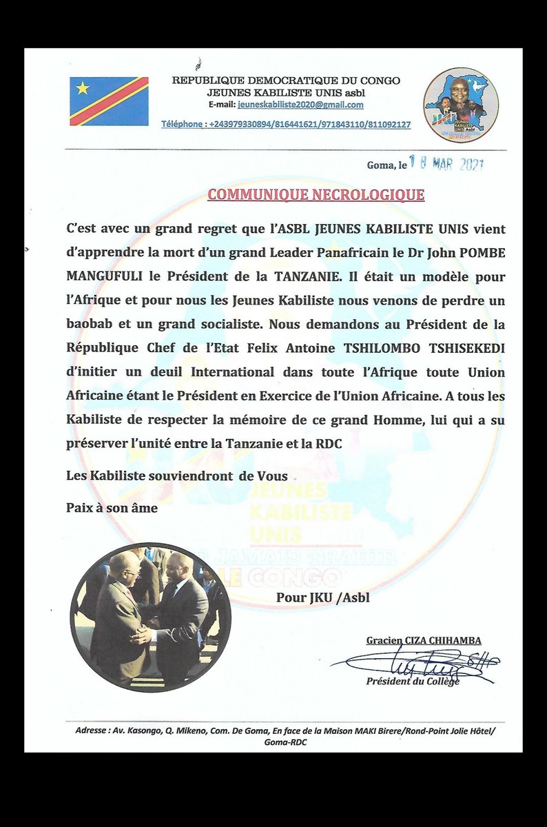 CharlesPILIPIL8's tweet photo. @FCC_RDC @Cmap2021
Communique nécrologique du Président du Collège des membres fondateurs de @unis_asbl ,le Compagnon Gratien CIZA. https://t.co/n6rhy9fa6i