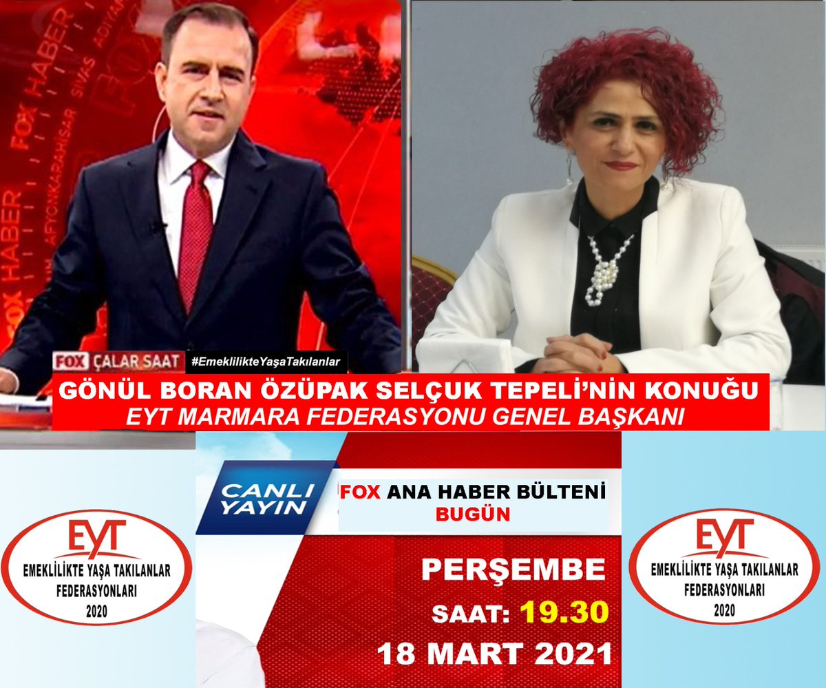 D U Y U R U 
👇👇

#EmeklilikteYaşaTakılanlar kaderdaşlarım;

18 Mart Perşembe (Bugün)
Saat 19.30 da 

<a href="/selcukktepeli/">Selçuk Tepeli</a> ile FOX Haberde olacağım. 

İzlemeniz dileğiyle 

@FOXTurkiye 
@FOXhaber 
<a href="/dogansenturk/">Doğan Şentürk</a> 
<a href="/KucukkayaIsmail/">Ismail Kucukkaya</a> 
@MarmaraEytFed
@MarmaraEytFed