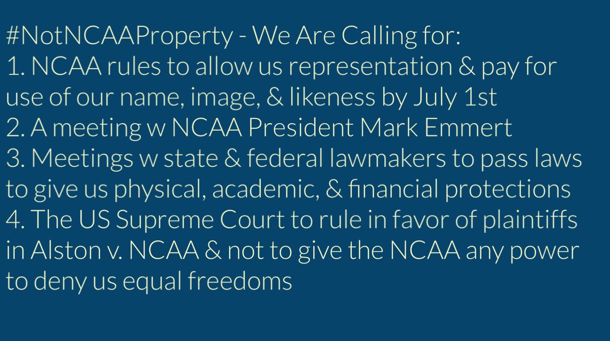 The argument is simple. We deserve an opportunity to create money from our name, image, and likeness. If you don’t agree with that statement, then you are saying that you believe that I, a human being, should be owned by something else. #NotNCAAProperty