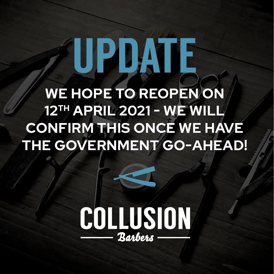 CollusionBarber's tweet image. HI ✂️ Here's an update on our plans to reopen on 12th April! 🤞
We will be open an extra day of that first week on the Monday from 9am - 5.30pm. Otherwise our opening hours will remain the same with two late nights on Tuesday + Thursday. We will be operating a walk-in system.