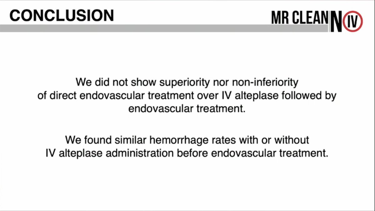 World Stroke Academy (@worldstrokeed) on Twitter photo From #ISC21
#MRCLEANnoIV trial
PROBE
IV alteplase + EVT vs Direct EVT
1ry outcome: ordinal mRS
👉Didn't show #superiority or non-inferiority of direct vs bridging therapy
👉Similar #hemorrhage rates
<a href="/ESOstroke/">European Stroke Org</a> <a href="/sheilambrasil/">sheila martins</a> <a href="/svinsociety/">SVIN</a> <a href="/esmintsociety/">ESMINT Society</a>
Still to debate.. From #ISC21
#MRCLEANnoIV trial
PROBE
IV alteplase + EVT vs Direct EVT
1ry outcome: ordinal mRS
👉Didn't show #superiority or non-inferiority of direct vs bridging therapy
👉Similar #hemorrhage rates
<a href="/ESOstroke/">European Stroke Org</a> <a href="/sheilambrasil/">sheila martins</a> <a href="/svinsociety/">SVIN</a> <a href="/esmintsociety/">ESMINT Society</a>
Still to debate..