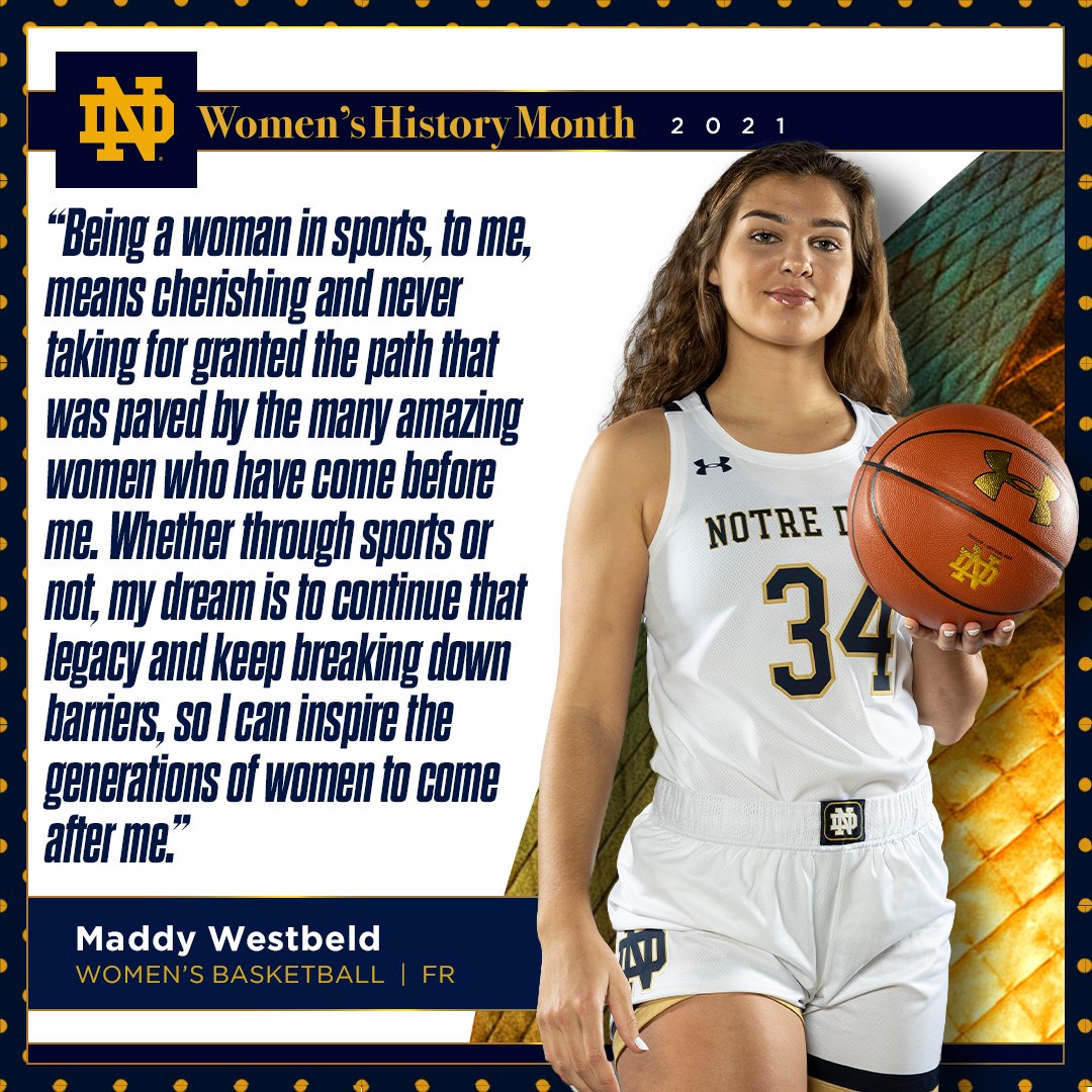 NotreDameGLD's tweet photo. "Whether through sports or not, my dream is to continue that legacy and keep breaking down barriers, so I can inspire the generations of women to come after me."

A powerful statement from @ndwbb's @maddy_westbeld ☘️
#GoIrish x #WomensHistoryMonth https://t.co/97s5RSxPSp