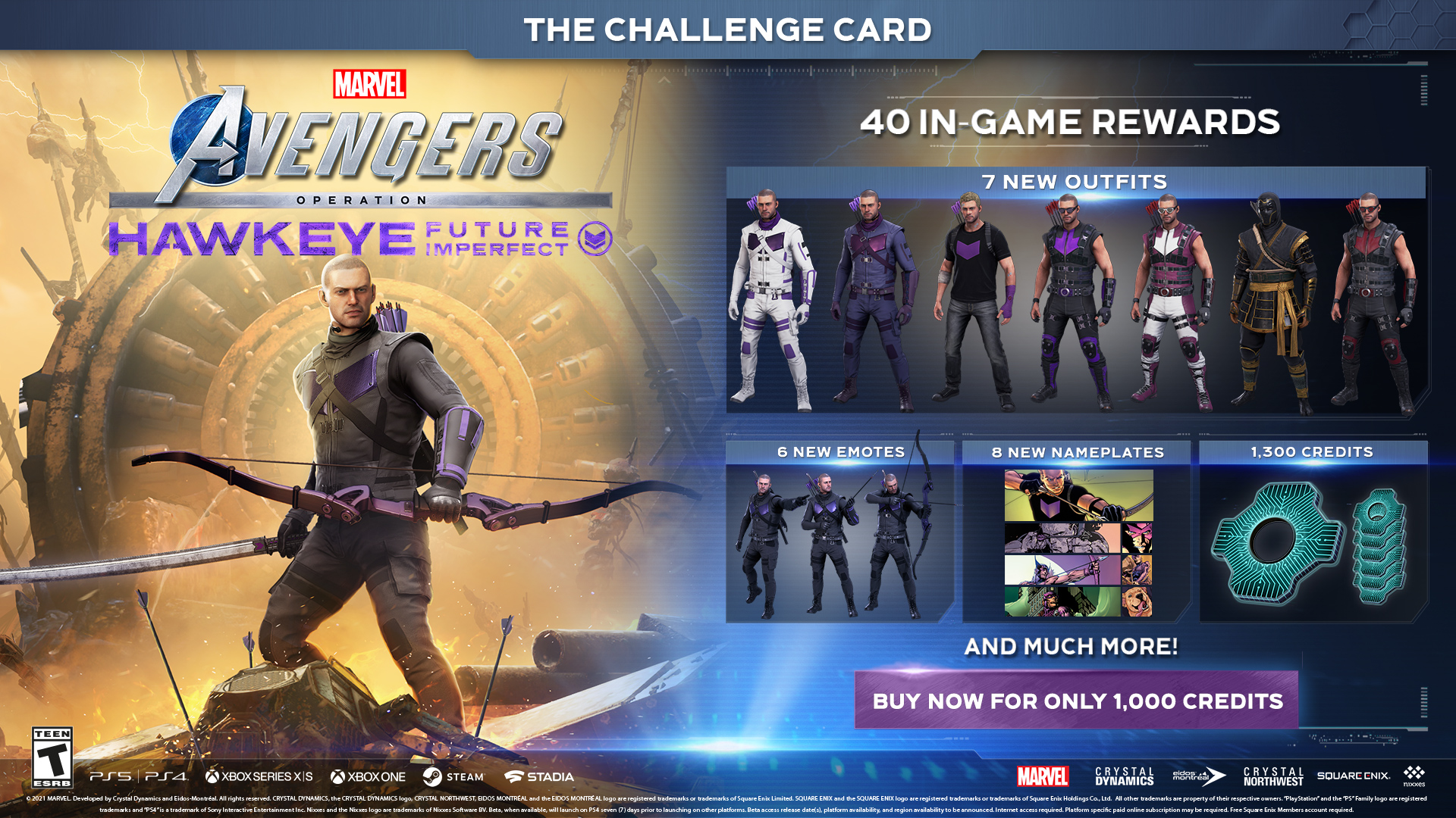 Uzivatel Marvel S Avengers Na Twitteru Set Your Sights On Hawkeye S Challenge Card With 40 In Game Rewards 7 New Outfits 6 New Emotes 1 300 Credits And More Both Clint
