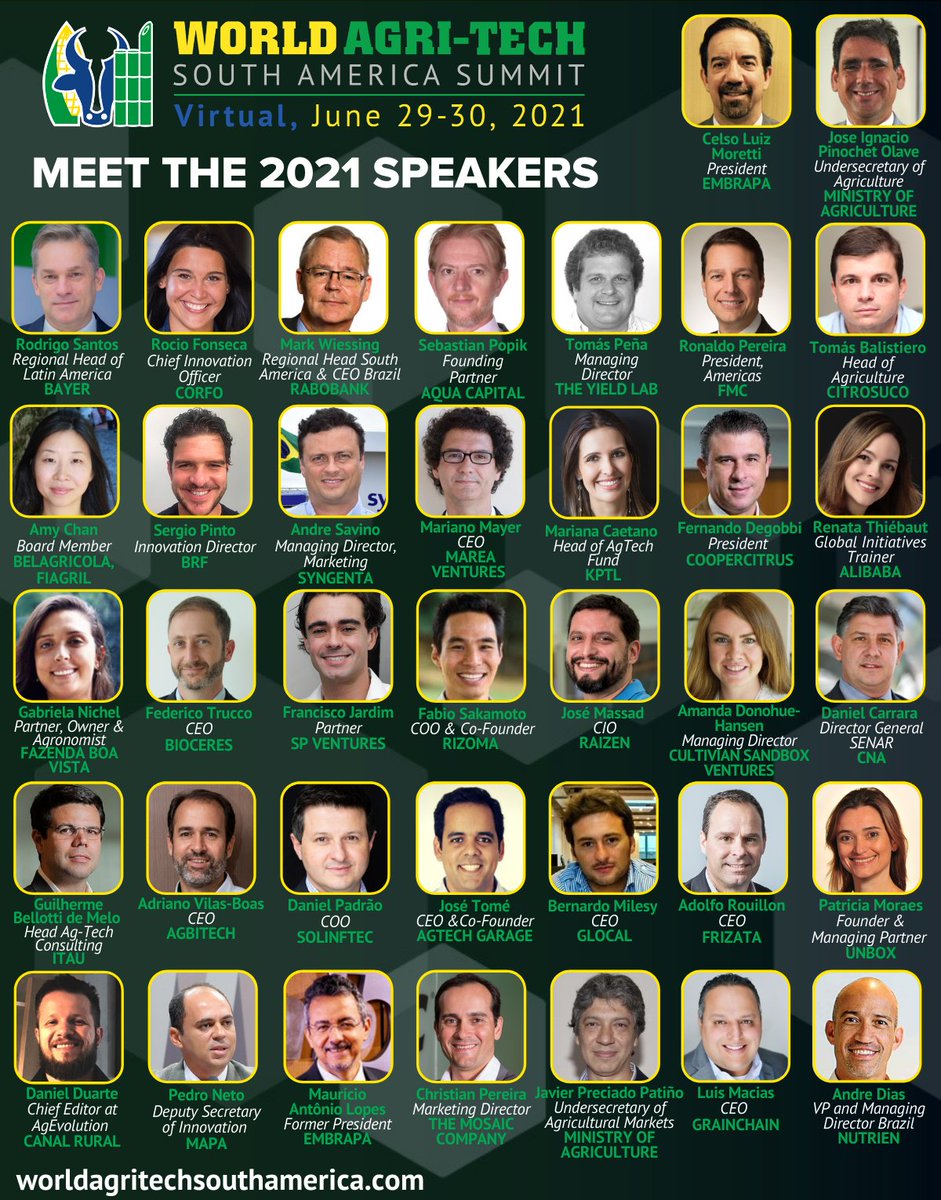 WorldAgriTech's tweet image. Super excited to reveal our incredible speaker line-up as they'll discuss how South America can solidify its position as a global agricultural superpower during the virtual #WorldAgriTech South America Summit on June 29-30! 
See all speakers: bit.ly/3s2KFAx