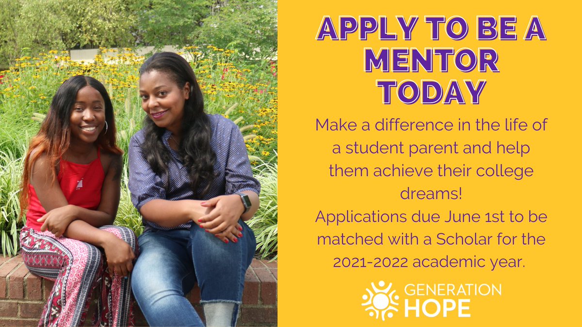 Apply to #Mentor a #StudentParent in Generation Hope's Scholar Program! Support a #TeenParent and their family on their journey to earn their #College degree. Individual mentorship and group opportunities available! Learn more &amp; apply here: generationhope.org/mentor
#Mentorship