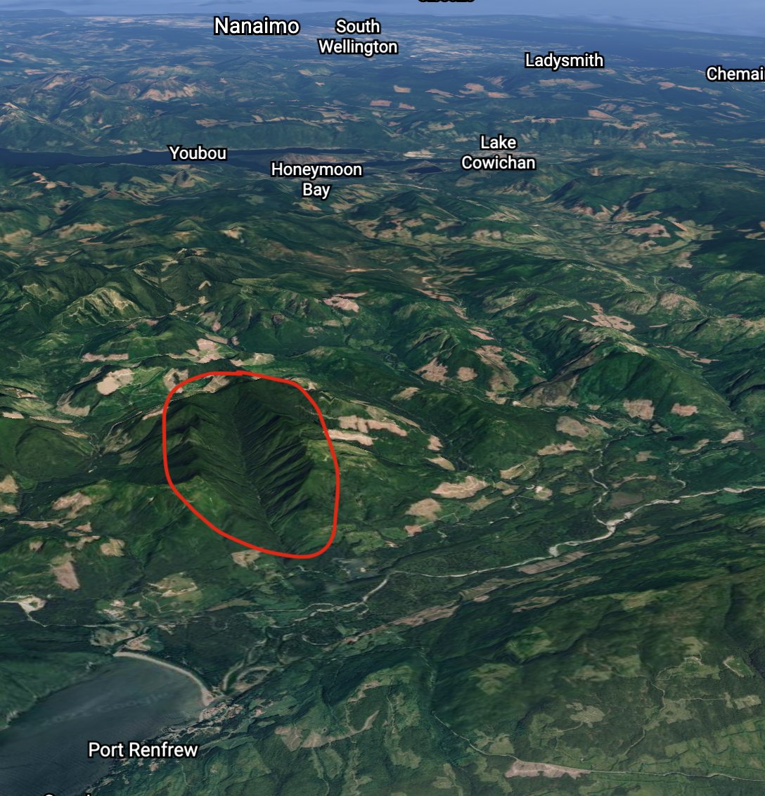 TorranceCoste's tweet photo. The photos of the thousand year-old trees in #FairyCreek are obviously powerful, but it's the simple google earth screen grab that really highlights this issue.

It's the only watershed for 100s of kilometres with no logging in it.

Be sure to follow @SaveFairyCreek. 
#bcpoli https://t.co/9XLeO1Z599