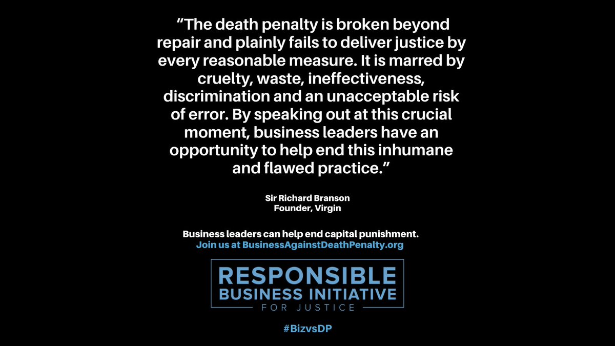 Virgin's tweet image. Business leaders are joining forces to fight the #deathpenalty, signing a public declaration urging governments to end this inhumane, wasteful and racist practice. 

Join @richardbranson, @ariannahuff, @benandjerrys and more at BusinessAgainstDeathPenalty.org #BizVsDP @RBI_Justice