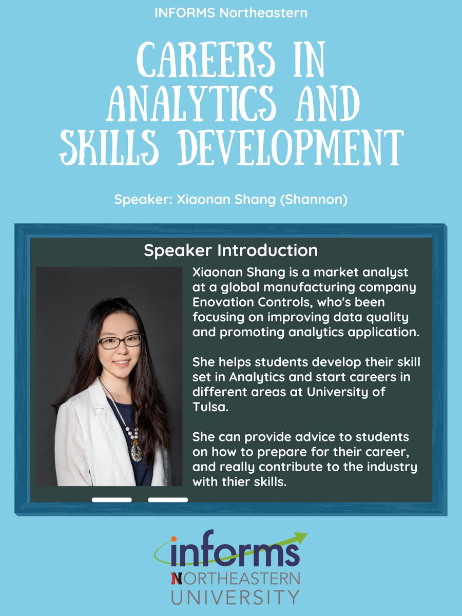 INFORMSNEU's tweet photo. Hi Huskies! 👇Feel free to join our event today at 6:30 PM!👇

Careers in Analytics and Skills Development

Thu, Mar. 18, 6:30 PM EDT
https://t.co/nZzncFB7bJ

If you're interested in Analytics and want to start your career in the related areas, come and join to learn useful tips! https://t.co/92v0WsgiqM