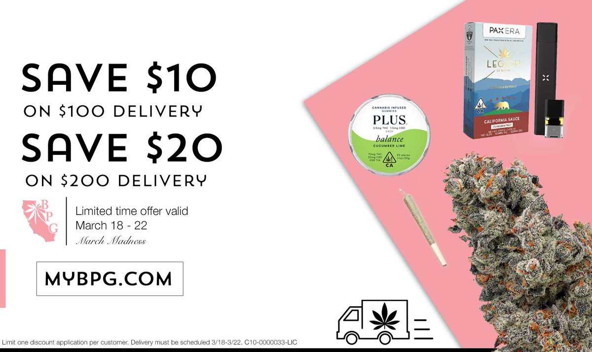 BPGtweet's tweet photo. $10 off $100, $20 off $200 Delivery Orders!
Limit one discount application per customer. Delivery must be scheduled 3/18-3/22.
Order for Delivery : https://t.co/3CzszLkybO
#BPG #Berkeley #BayAreaDelivery #CannabisCommununtity #WomansHistoryMonth #MarchMadness https://t.co/Z18LJUgAGQ