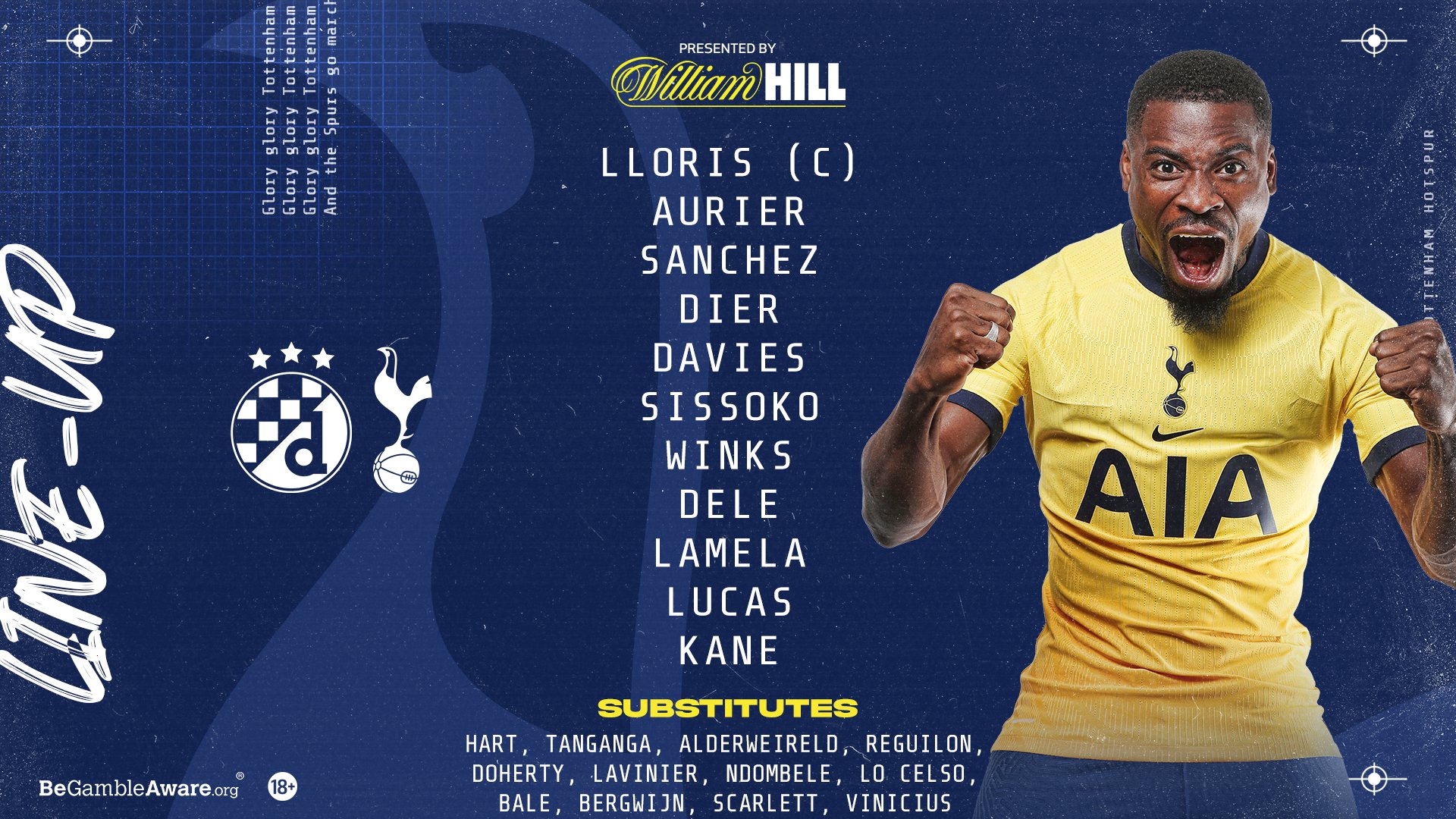Tottenham Hotspur on X: 𝗧𝗘𝗔𝗠 𝗡𝗘𝗪𝗦! Lloris (C), Aurier, Dier,  Sanchez, Davies, Sissoko, Lo Celso, Bergwijn, Lucas, Son, Kane.  @WilliamHill latest (18+) ➡️  #THFC ⚪️ #COYS   / X