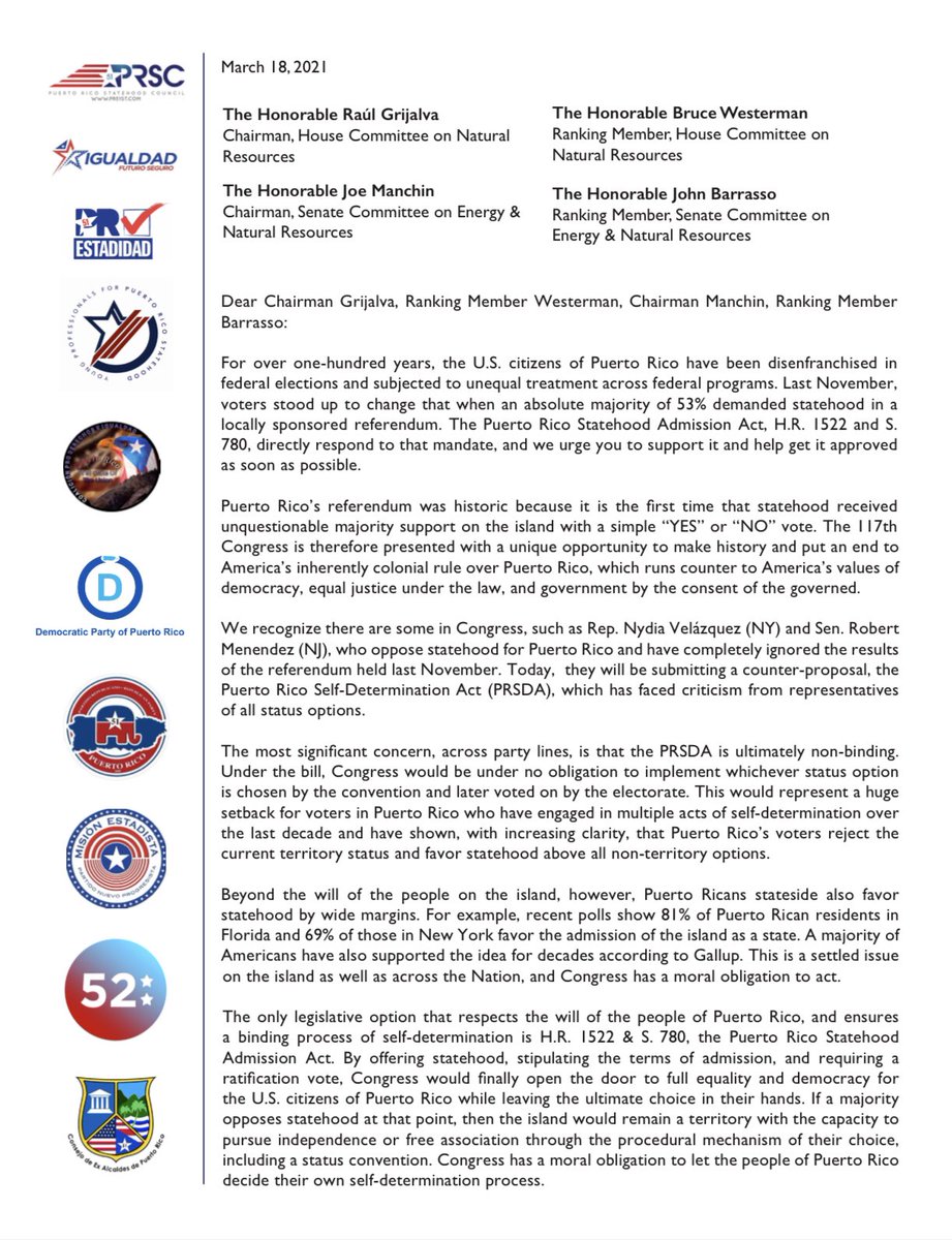 PuertoRico51st's tweet photo. In Puerto Rico, a clear majority of voters want the island to become a state, and it's up to Congress to make that happen.

That's why we joined 51 organizations on the island &amp; stateside to demand passage of #HR1522 and #S780, the Puerto Rico Statehood Admission Act. https://t.co/nGmW3dkbFp