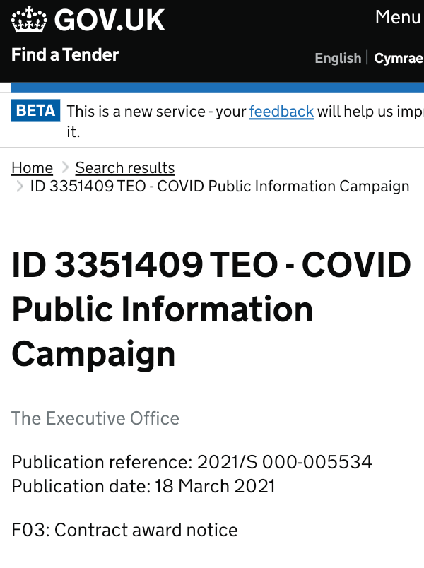 LutherBurgsvik's tweet image. The govt have awarded a £2 million contract for a &apos;Covid Public Information Campaign&apos; that starts in April 2021 and lasts for two years.

find-tender.service.gov.uk/Notice/005534-…