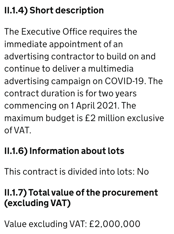 LutherBurgsvik's tweet image. The govt have awarded a £2 million contract for a &apos;Covid Public Information Campaign&apos; that starts in April 2021 and lasts for two years.

find-tender.service.gov.uk/Notice/005534-…