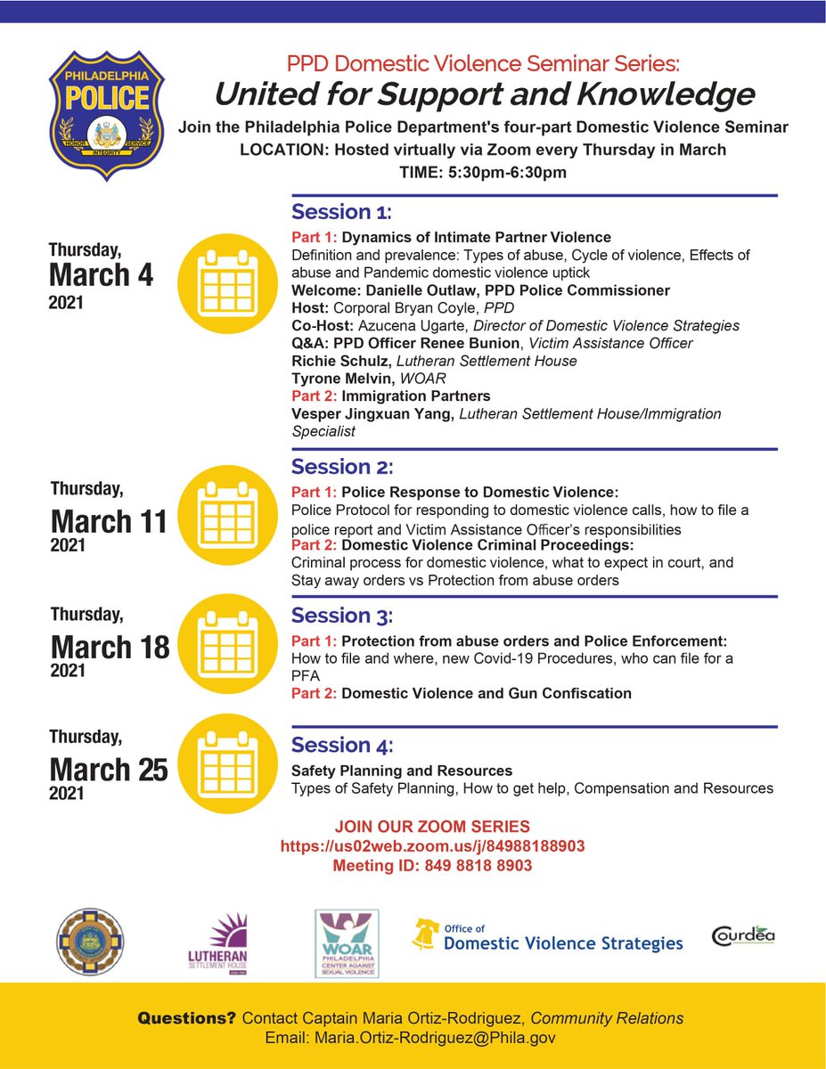 Please consider joining us on Zoom beginning TONIGHT at 5:30PM for Part 3 of our Domestic Violence Seminar Series:
us02web.zoom.us/j/84988188903
Meeting ID: 849 8818 8903