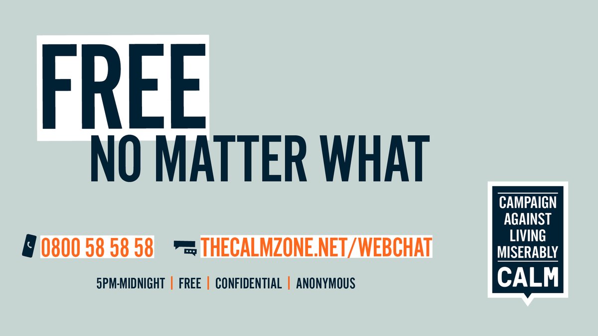 theCALMzone's tweet photo. Worried about what the future holds? Our helpline &amp; webchat are open from 5pm until midnight. Call us on 0800 58 58 58, or chat to our trained helpline staff online.

No matter who you are or what you're going through, it's free, anonymous &amp; confidential.

https://t.co/AynQL2UZJ2 https://t.co/Asx5Up7Pbf