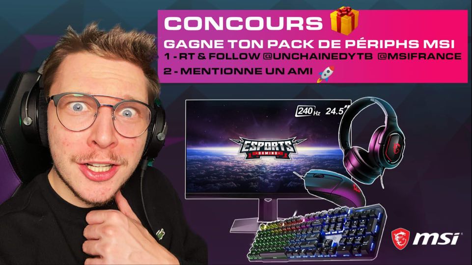 Portalcoln's tweet image. CONCOURS 🔥
Suite à ma dernière vidéo, MSI m&apos;a lancé un défi, et j&apos;ai pu vous débloquer ça !!
Tente de gagner ton pack de périph MSI ⤵
- RT + Follow @UnchainedYtb + @msifrance !
- Mentionne un ami !