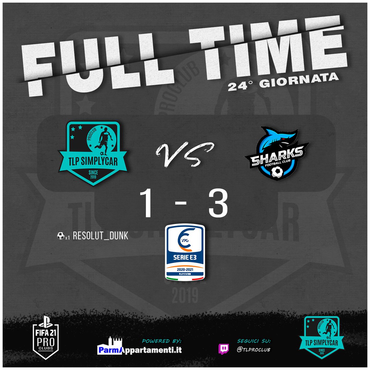 TLProClub's tweet photo. ๐ฅ
| FULL TIME
๐ | 24ยฐ Giornata
๐ | ๊ฑแดสษชแด ๐
ดโ | @VPG_Italy
๐ | ๐ | #Sharks
๐ | 1-3 โ
โฝ๏ธ | @ResolutD
#GOTLP ๐ตโซ๏ธ https://t.co/0bhJR2KGcI