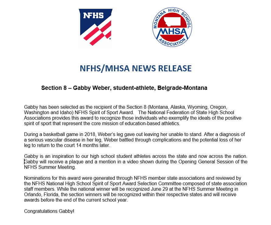 MHSA_MT's tweet photo. Gabby Weber has been selected as the recipient of the Section 8-NFHS Spirit of Sport Award! 

Congratulation Gabby!
@GabWeber24 

See the following NFHS/MHSA press release for more information.

#mhsa #mhsasports

https://t.co/PgxG6bclpI https://t.co/H9K5gJivRG