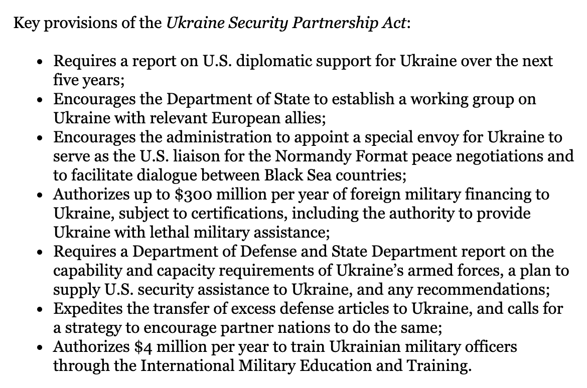 Senadores bipartidistas de EEUU reintroducen la "Ley de Asociación de Seguridad de Ucrania" para brindar asistencia al país. Autoriza hasta 300 millones $ por año de financiamiento militar Se podrán destinar 4 m. por año para capacitar a oficiales militares ucranianos