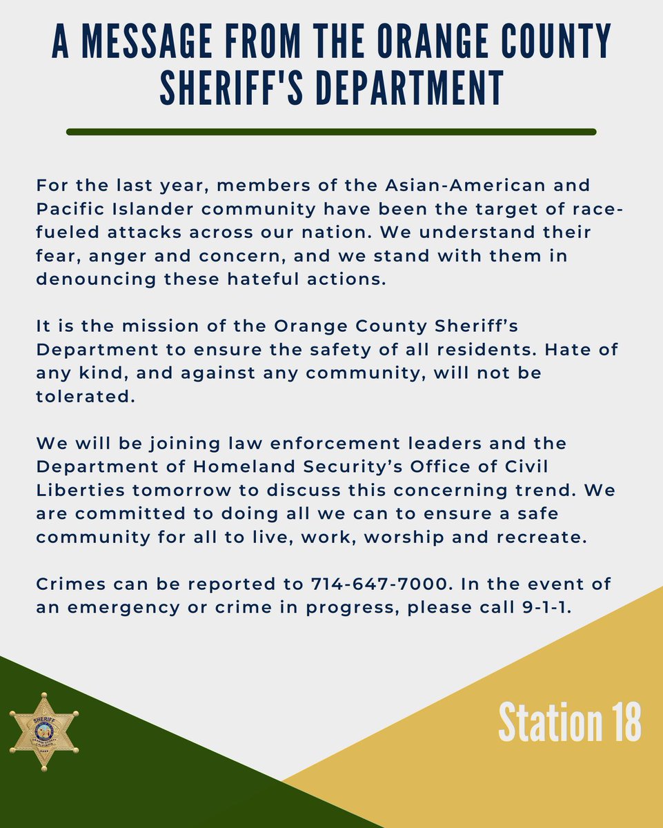 OCSheriff's tweet image. A message from our department regarding hate crimes against the AAIP community. Hate of any kind will not be tolerated.