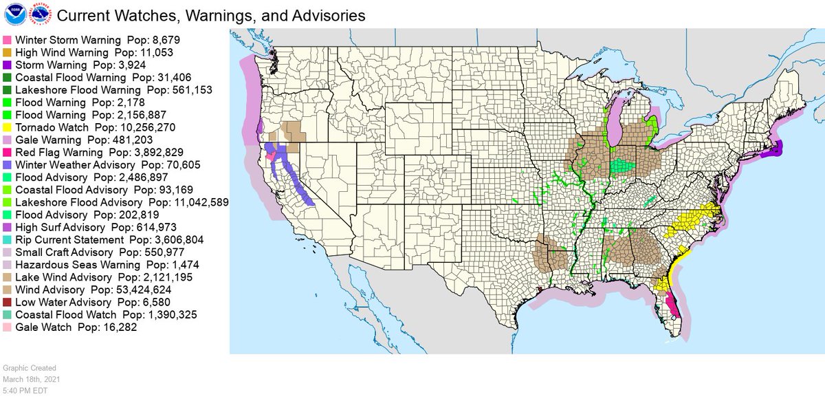 Tornado Watches in effect for much of NC &amp; into VA as a strong storm moves through the area. Severe storms also possible for parts of the Appalachians &amp; FL. Pacific storm will produce heavy mountain snow and lower elevation rains in the West.