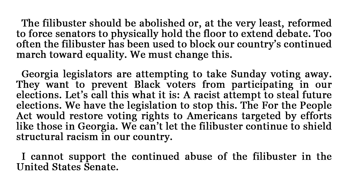 SenatorHeinrich's tweet photo. I cannot support the continued abuse of the filibuster in the United States Senate. https://t.co/Q3QOAEr5A2