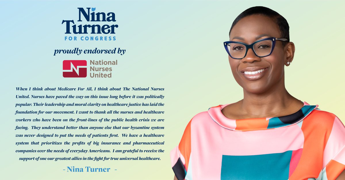 ninaturner's tweet photo. I am proud to receive the support of the @NationalNurses.

Together we will finally end a dysfunctional healthcare system that prioritizes the profits of big insurance &amp; pharmaceutical companies over the needs of everyday Americans — by finally making #MedicareForAll a reality. https://t.co/ghrzbQNjkR