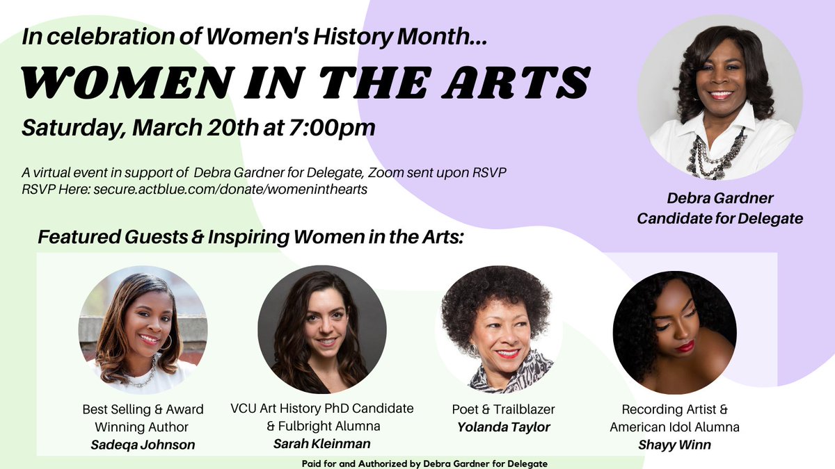 Debra4Delegate's tweet image. Reminder to RSVP for our #WomensHistoryMonth event highlighting women in the arts! All proceeds support this grassroots campaign.
secure.actblue.com/donate/womenin…
