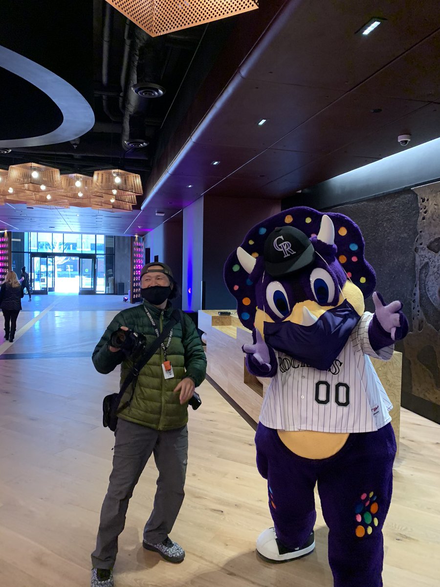 A trio of sightings right off the bat: 

First, a masked mascot. Here is Dinger with the <a href="/denverpost/">The Denver Post</a>’s own <a href="/HyoungChang/">Hyoung Chang</a>.