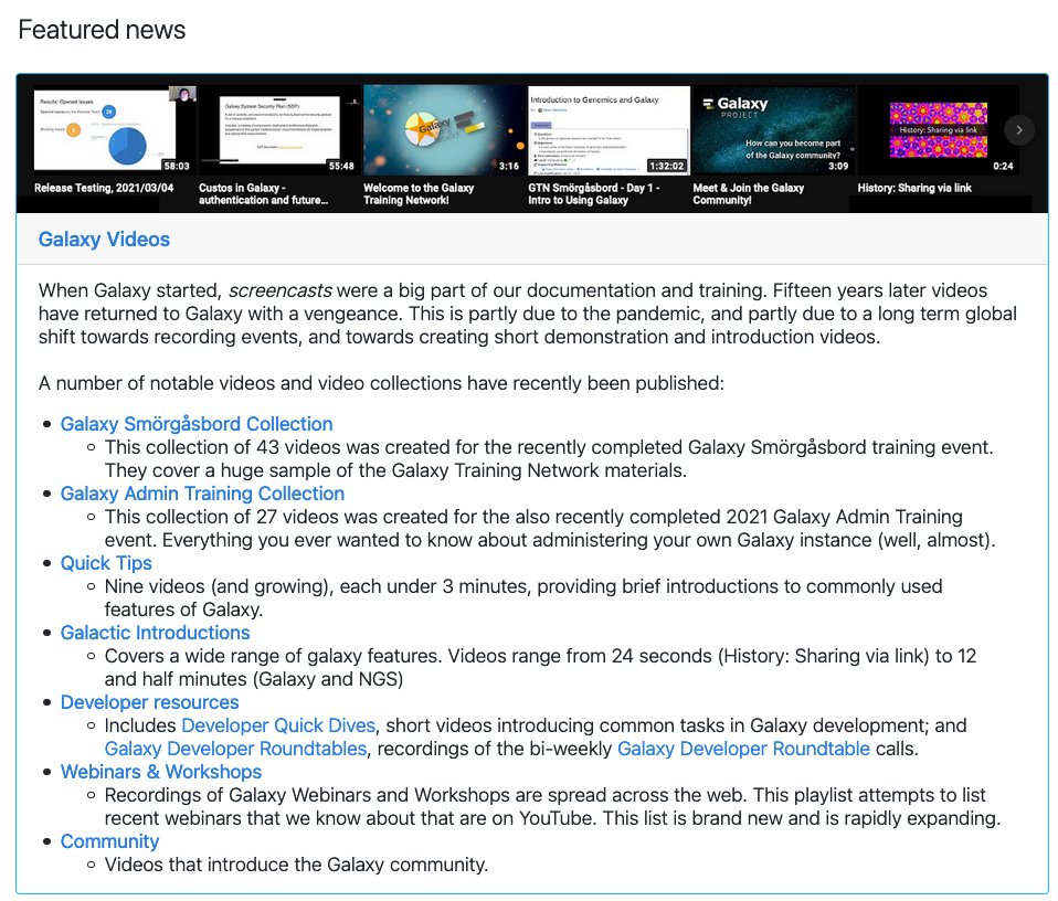 galaxyproject's tweet image. There has been an explosion of #UseGalaxy videos in the last year, covering everything from @GxyTraining sessions to quick tips and feature demonstration videos. See a wildly inomplete (working on it!) list in the March News: galaxyproject.org/news/2021-03-g…